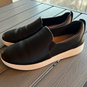 Fitflop Women’s Black Slip-On Loafers with White Platform Sole